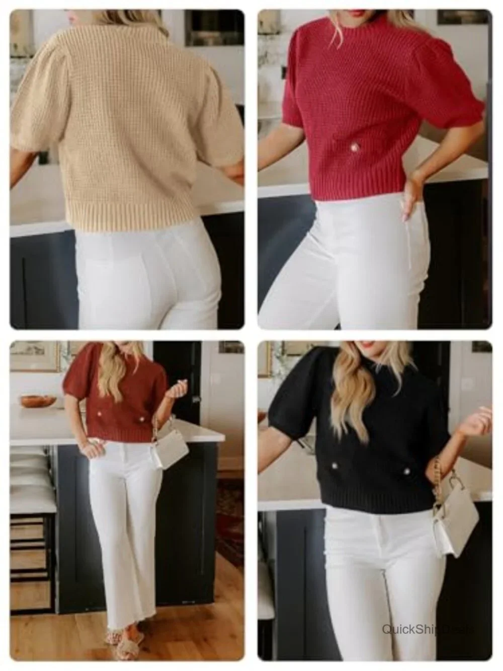 Puff Short Sleeve Cropped Ribbed Knit Lightweight Pullover Crewneck Sweater